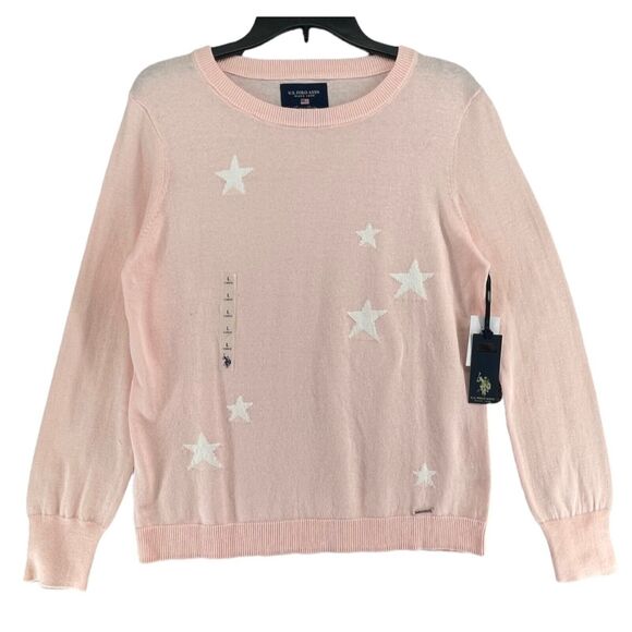 US Polo Assn Sweater Womens L Rose Pink Star Knit Pullover Layering Crew Neck NE - Picture 1 of 10